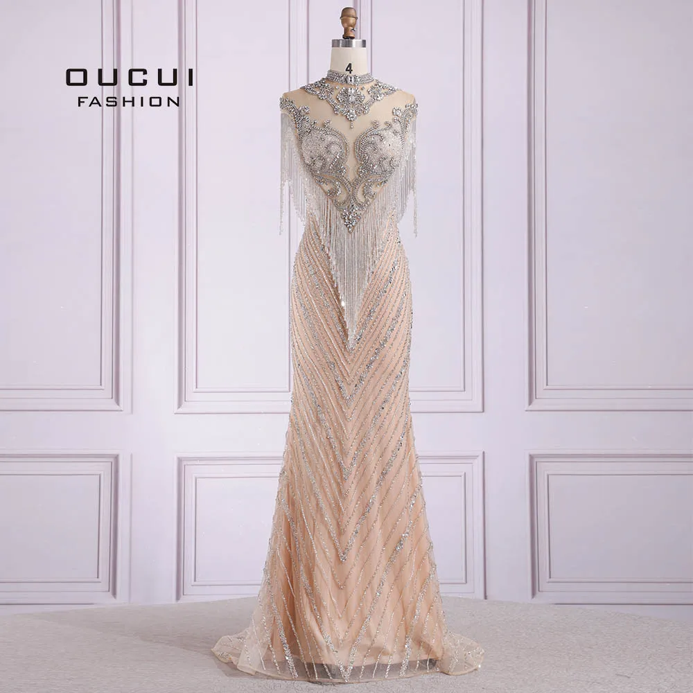 Дубай, сексуальное длинное вечернее платье с кисточками без рукавов со шлейфом с бисером, с высоким вырезом, потрясающее, с открытой спиной, официальное платье платья вечерние OL103653 - Цвет: GOLD