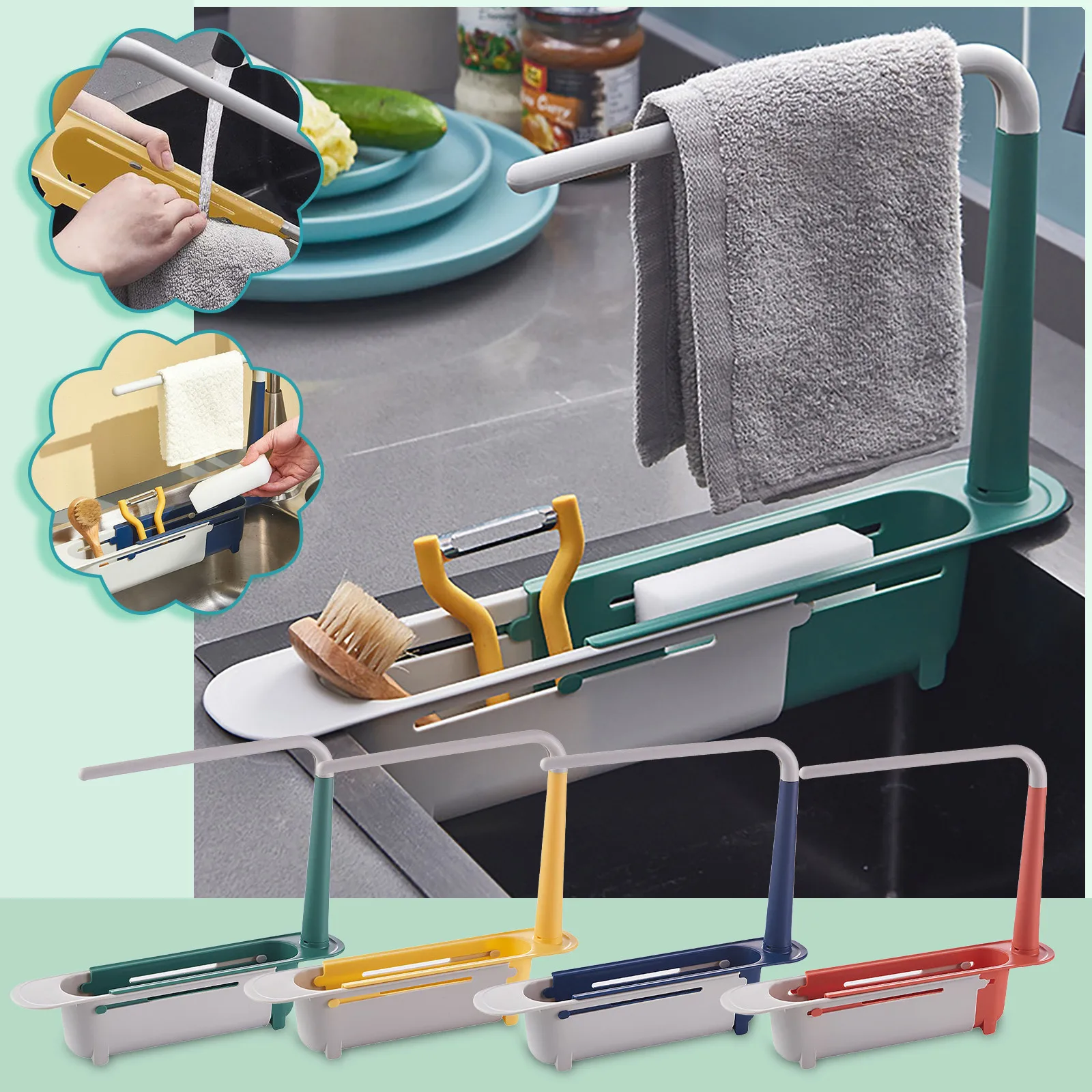 Ripiano telescopico per lavello, organizer per lavelli da cucina, porta sapone e spugna, cestello portaoggetti per lavello, accessori per utensili da cucina_voghion.com