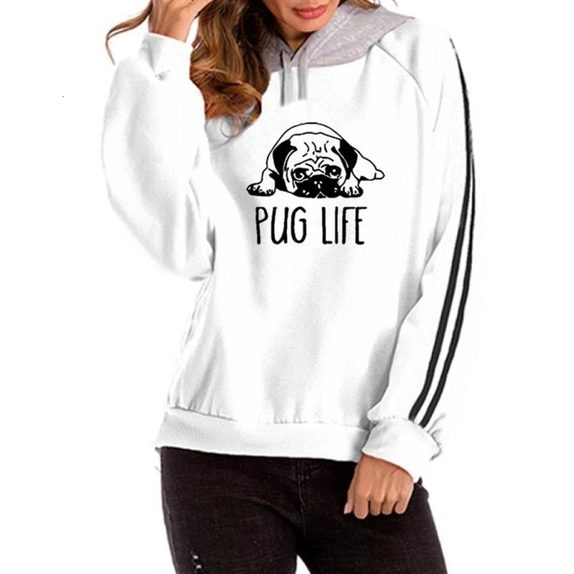 

Hoodies For Women Colorblock Hooded Pug Life Letters Print Kawaii Sweatshirt Femmes Tops Loose Hoodies Female Girls Casual