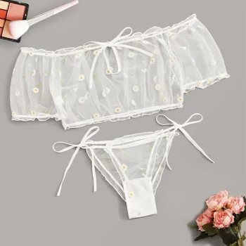 

pyjamas women Women Embroidery Lace Bowknot Strapless Bra Thong Set Sleepwear Pajamas Lingerie sexy Nightwear Pijama Mujer