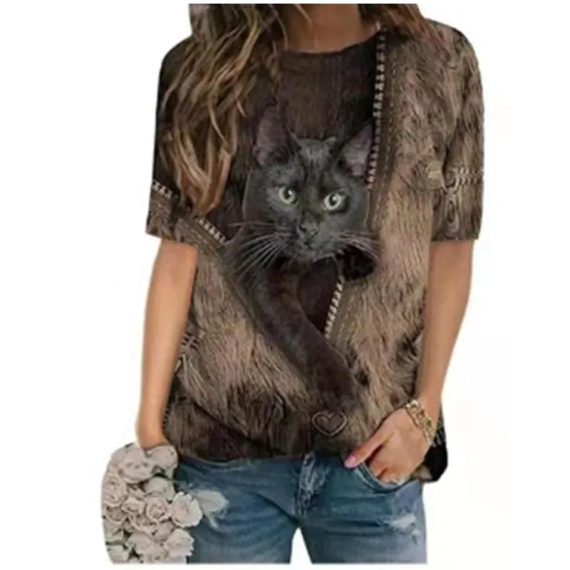 Hcc8daf855aeb4fc99c55132b2c524c82M - Fashion Trendy Ladies 3D Cartoon Cat Print T Shirt Women