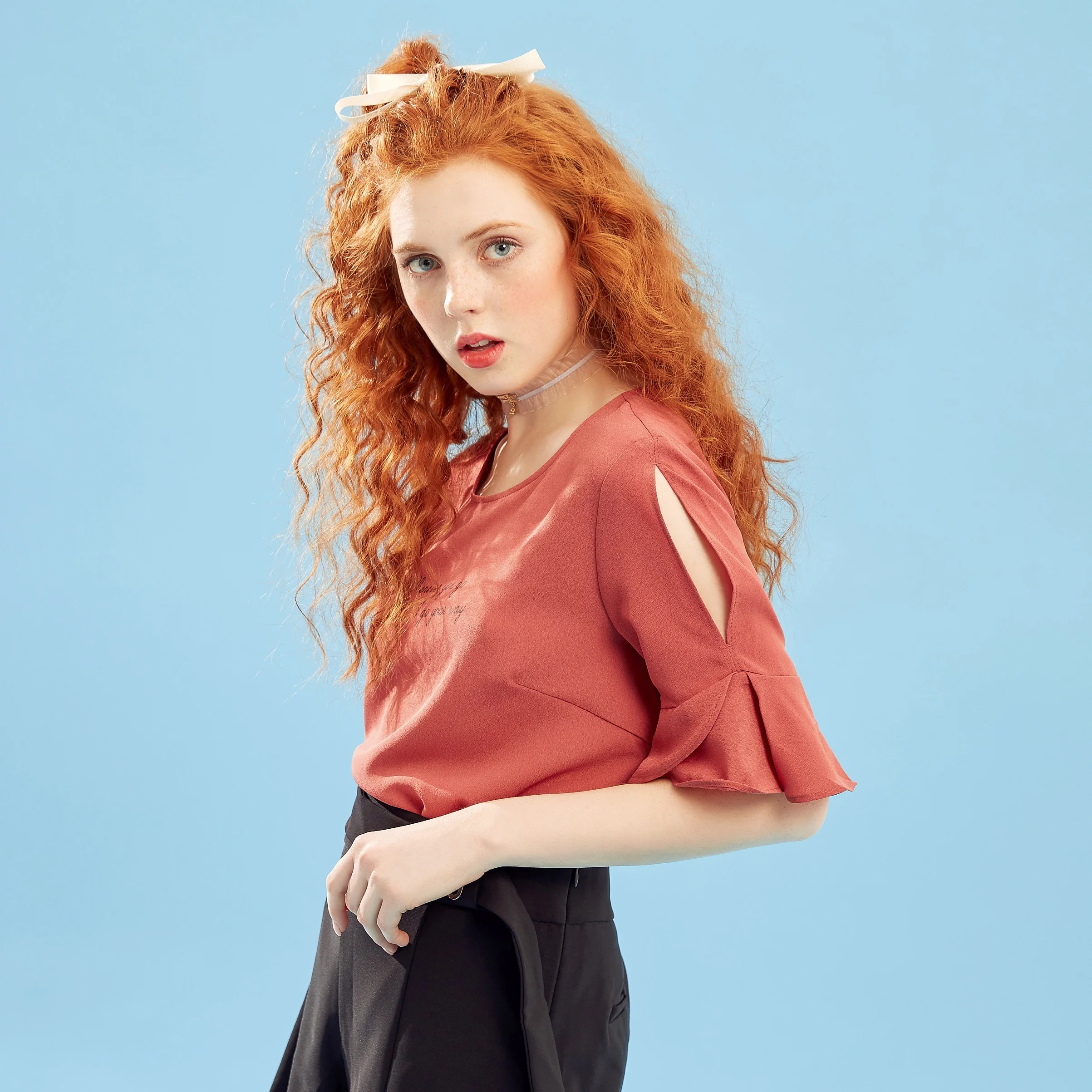 Metersbonwe, женские блузки с круглым вырезом, модные, с рукавами-бабочками, свободные, милые, для девушек, для студентов, официальная блузка, рубашка, повседневные топы