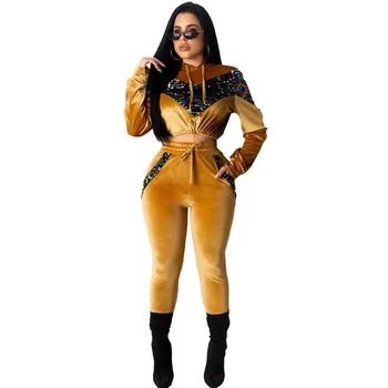 

Autumn Winter Outfits Velvet Two Piece Set Women Sequined Patchwork Hoodie Tops and Pants Sweat Suit Velour Tracksuit Conjunto