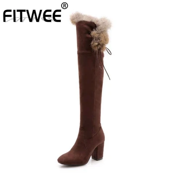 

FITWEE Women Over The Knee Boots Round Toe Zipper High Heels Shoes Winter Warm Fur Long Boots Women Footwear Size 32-43