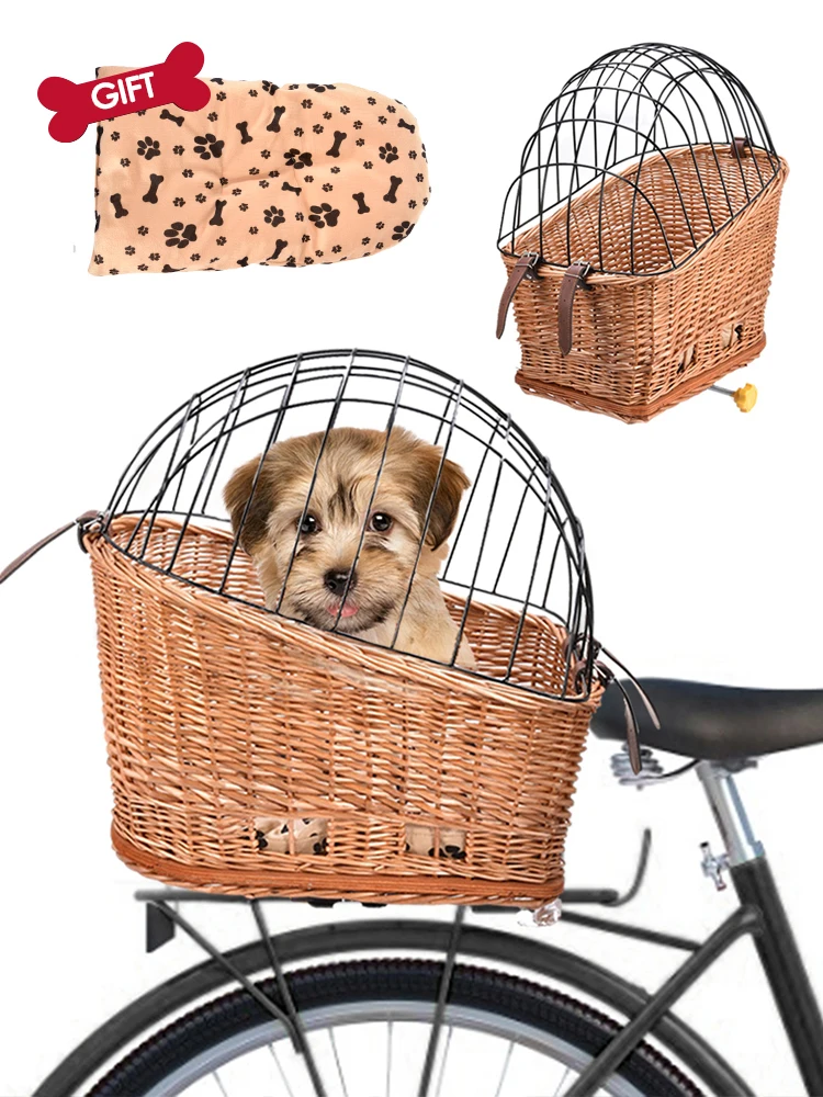 Dog Bicycle Basket Bike Basket Rear Mount Willow Willow Bicycle Basket Small Pet Cat Dog Cage