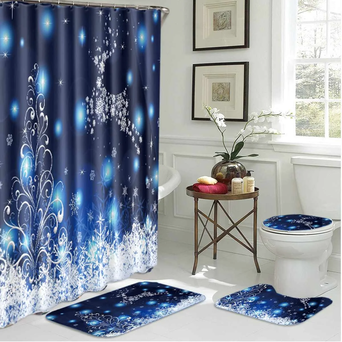 1/3/4pcs New Year Shower Curtains Blue Christmas Ball Snowflake Tree Waterproof Polyester Fabric Shower Curtain Set Doormat