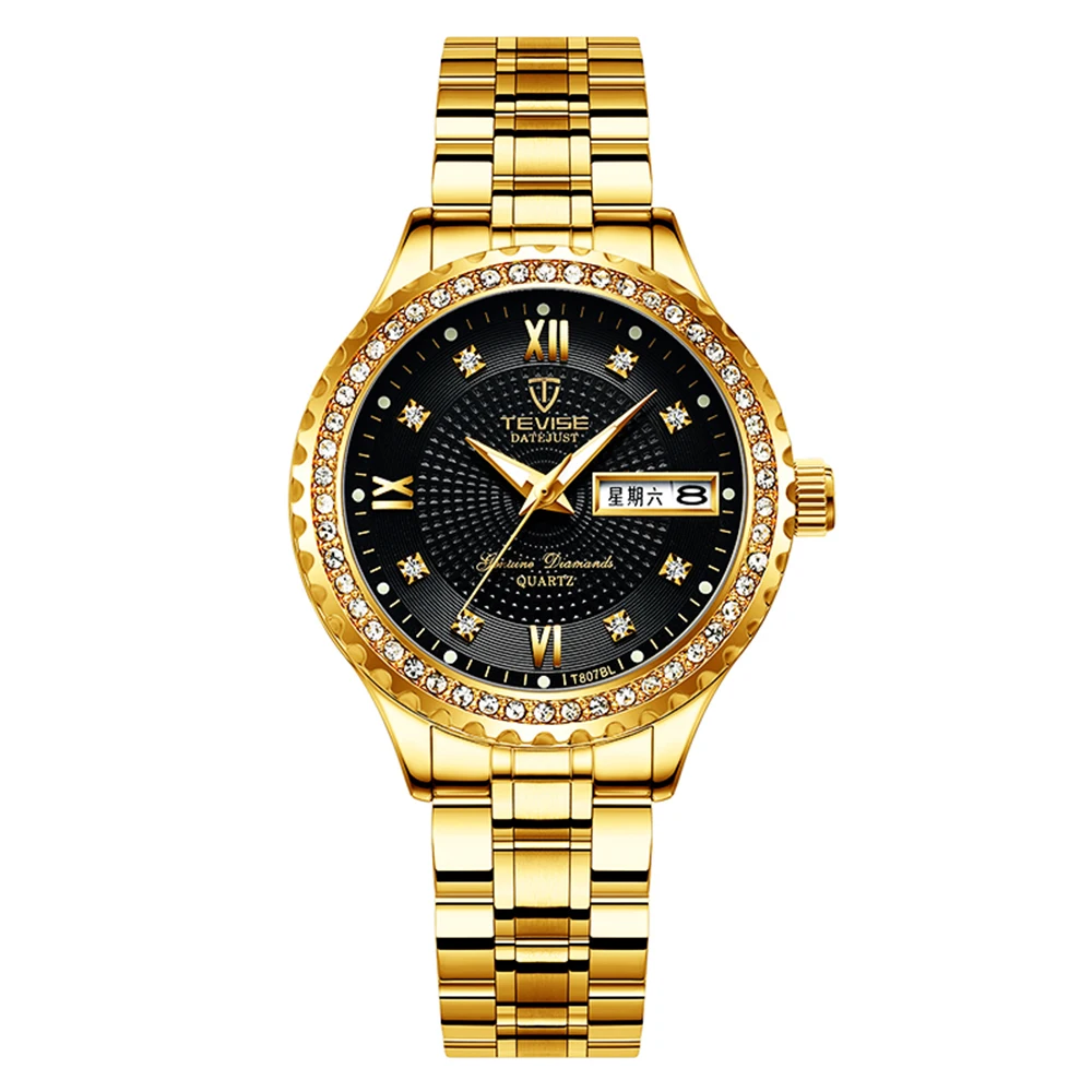 TEVISE T807BL кварцевые часы для женщин водонепроницаемые наружные ночные циркониевые украшения браслет из нержавеющей стали минеральные женские наручные часы - Цвет: Gold Black