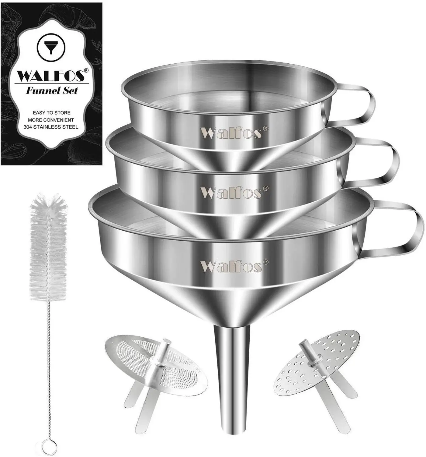 

WALFOS Stainless Steel Funnel Kitchen Oil Liquid Funnel Metal Funnel with Detachable Filter Wide Mouth Funnel for Canning Tools