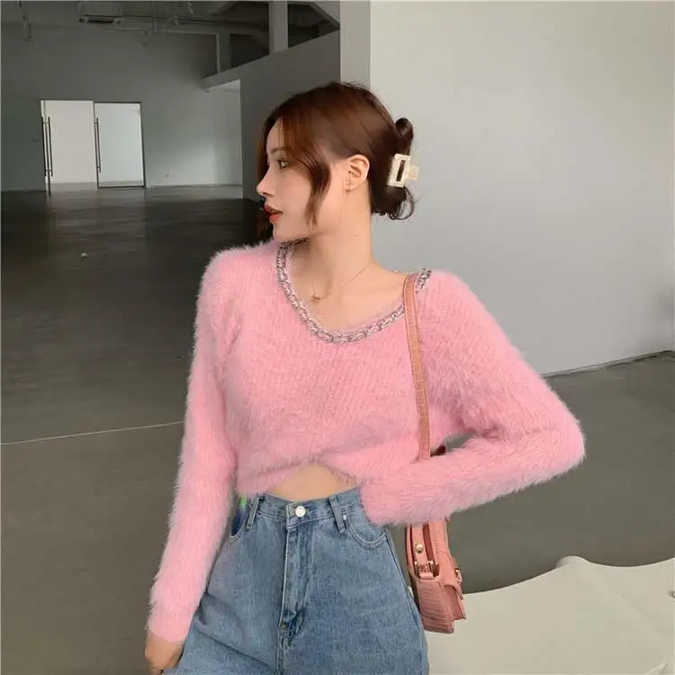 2022 Short Sweater Top Winter Korean Soft Waxy Texture Metal Chain V-neck Knitted Pullover Long-sleeved Office Ladies Clothing cable knit sweater