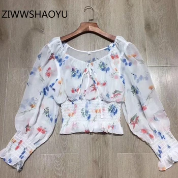 

ZIWWSHAOYU Female Summer Multicolor Floral Print Vintage Shirt Fashion Designer Women Elastic Waist Elegant Short Blouse Tops