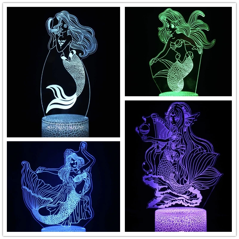 Disney Cartoon 3d Night Light Mermaid Princess LED Colors Changing Light Illusion Table Lamp Kids Gifts Bedside Home Decoration