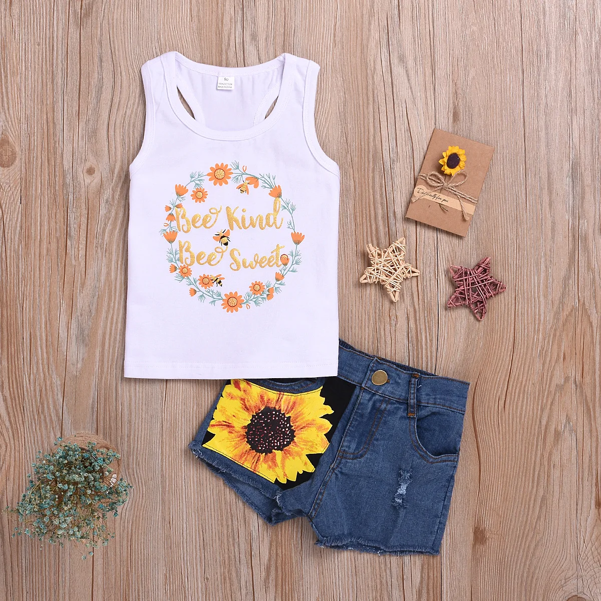 

New Style Summer Europe And America Children Girls Vest Suit Sunflower Printed T-shirt Denim Shorts Two-Piece Set