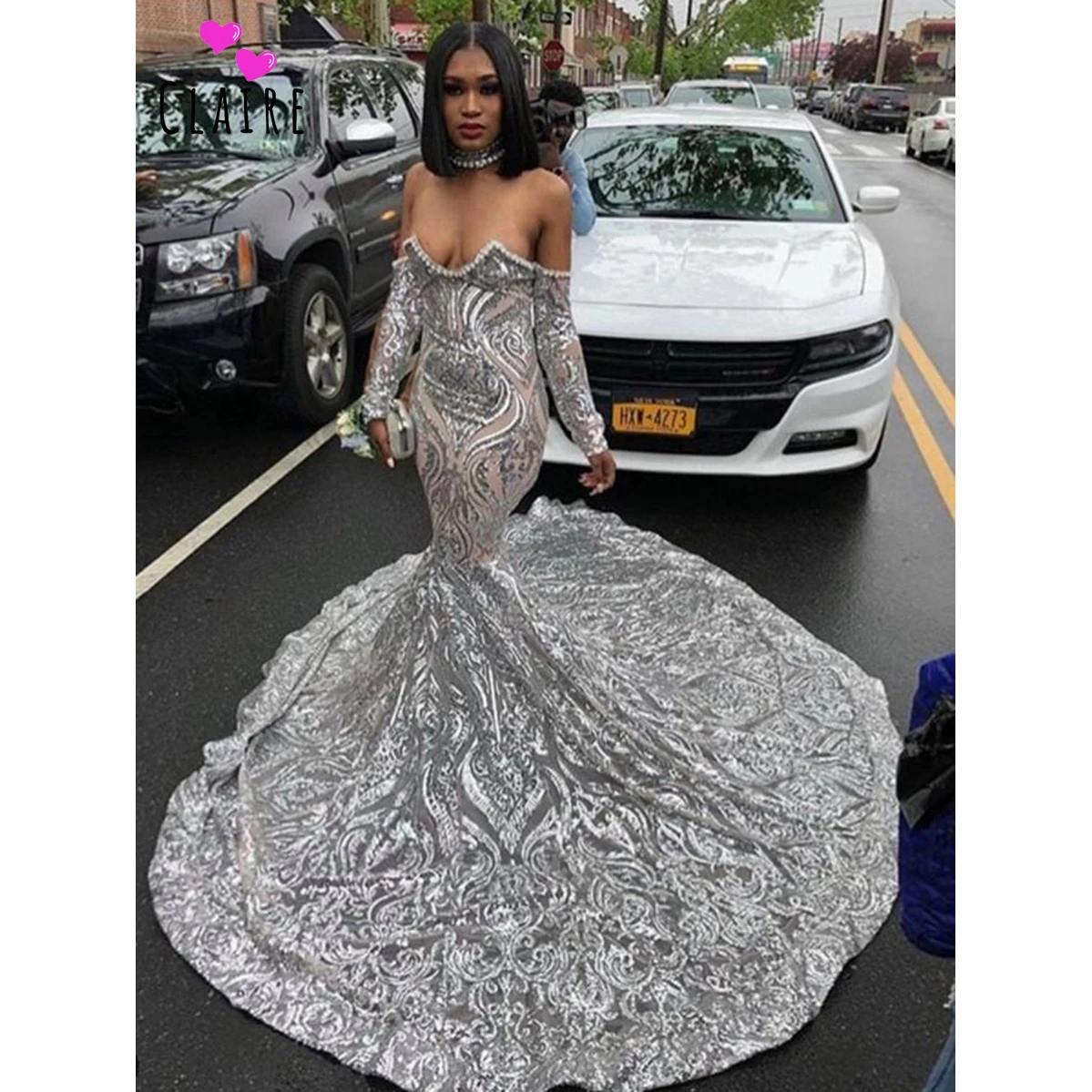 Silver Prom Dresses Off The Shoulder Prom Gowns Long Sleeves Court Train Evening Dress robe de soiree Sequined CP036
