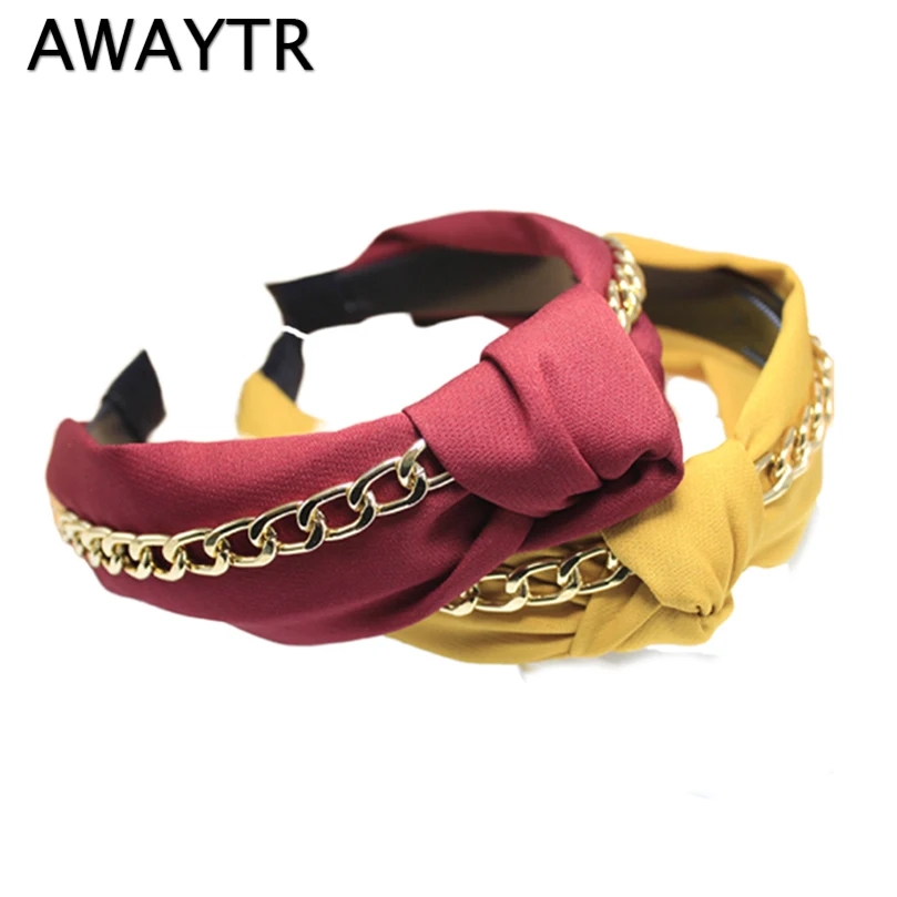 

AWAYTR New Chain Decor Headband For Women Solid Color Fabric Hairband Middle Knot Turban Girls Bezel Hair Accessories Headwear