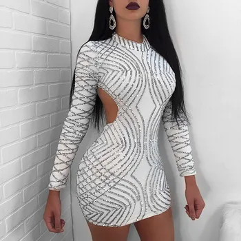 

2019 Sexy Backless White Sequin Women Dress Long Sleeve Bodycon Mini Party Short Dress Package Hip Sheath Club Party Vestidos