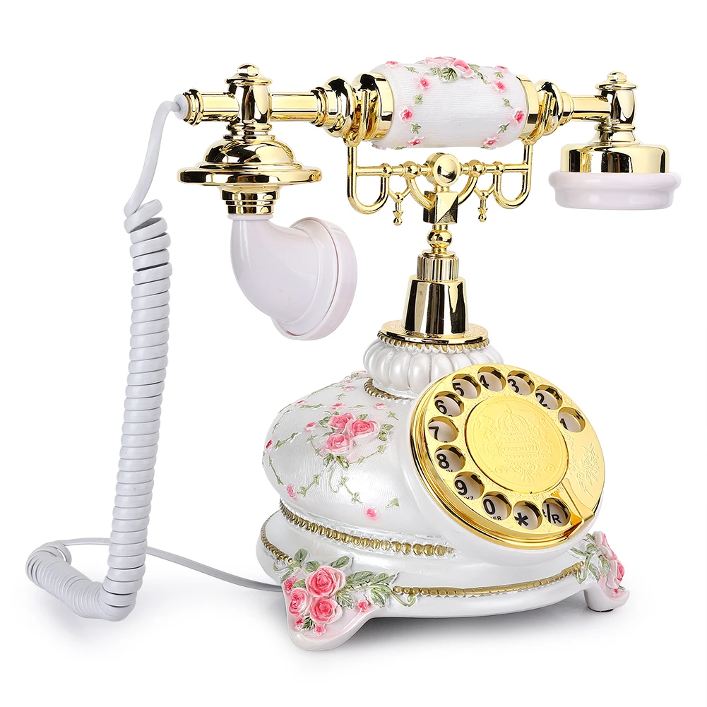 White Flower Retro Push Button Vintage Antique Telephone Dial Desk Phone