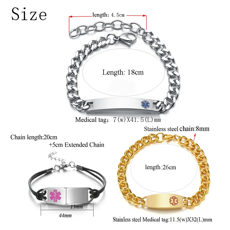 Bracelet médical en acier inoxydable pour hommes et femmes, gravure gratuite,  nom ID, bracelet diabétique, logo médical, cuir, bijoux - AliExpress