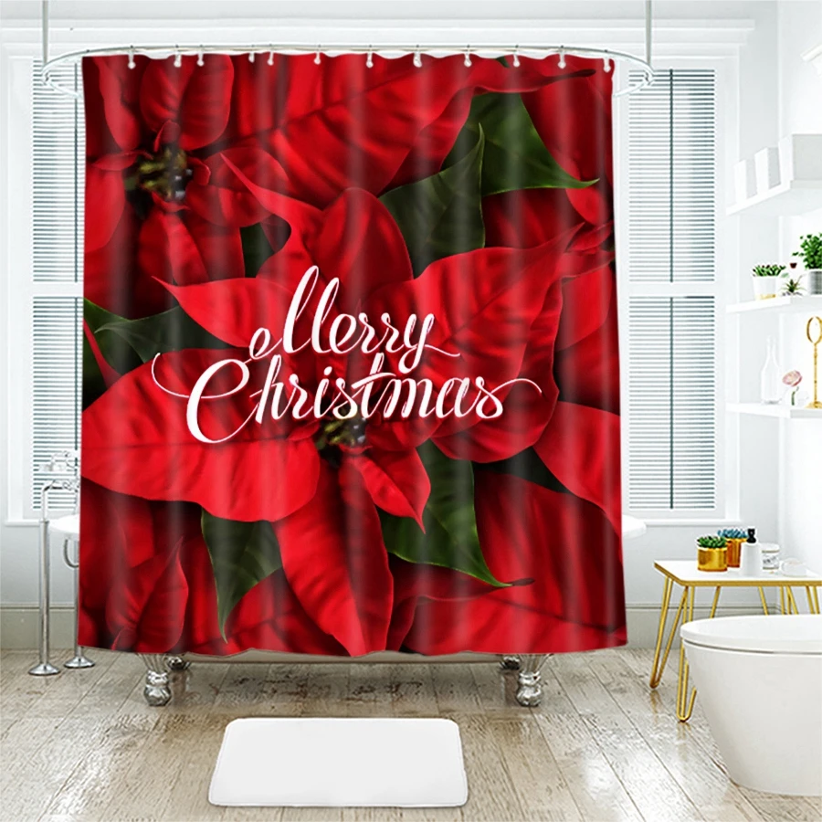 3d Red Christmas Shower Curtains Flower Bulb and Santa Claus Waterproof Thickened Bath Curtains for Bathroom Customizable