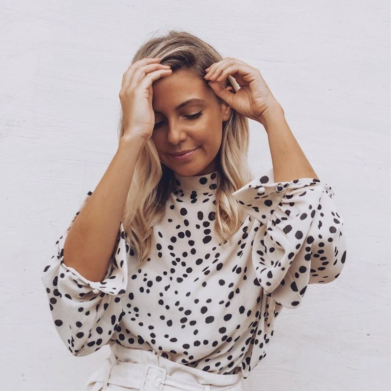 Элегантный пятнистый принт поп весна осень длинный рукав футболка стенд воротник дизайн Кнопка сзади стиль офис леди Blusas