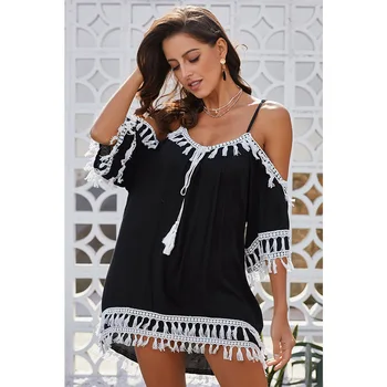 

Beach Cover Beachwear Dress Exit Saida Praia New Sexy Suspender Neck Skirt Female Patchwork Polyester Saida De Praia