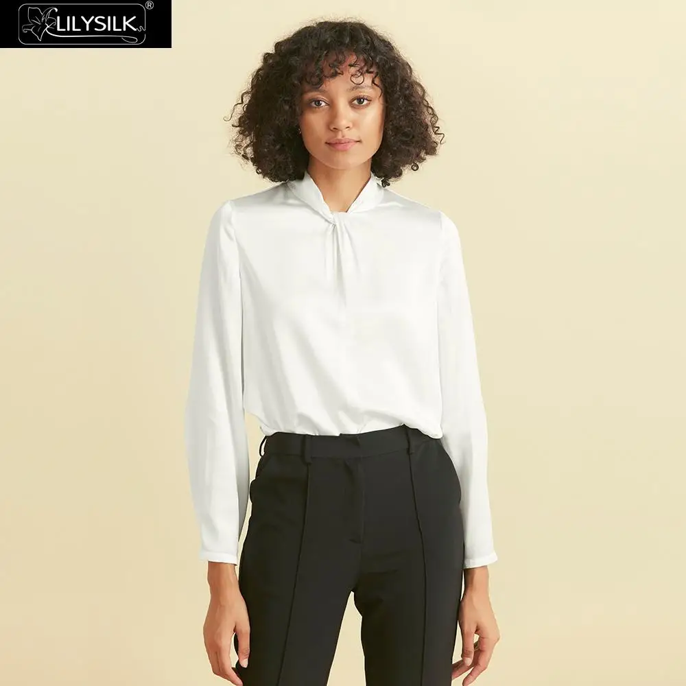 White LilySilk шелковая блузка Очаровательная твист шеи с длинным рукавом Женская Новая - Цвет: White