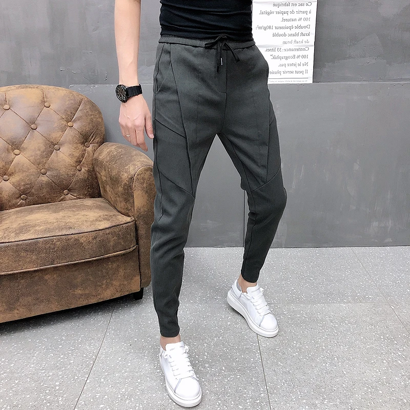 Promotion Fashion Korean Solid Joggers Men High Quality Autumn Winter Thick Pants Men Slim Fit Drawstring Mens Casual Pants Black/Gray 36