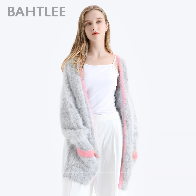 US $98.00 BAHTLEE Winter Women Knitted Cardigans Sweater With Pocket  Wool Angora Coat Jumper Long Sleeves VNeck Patchwork