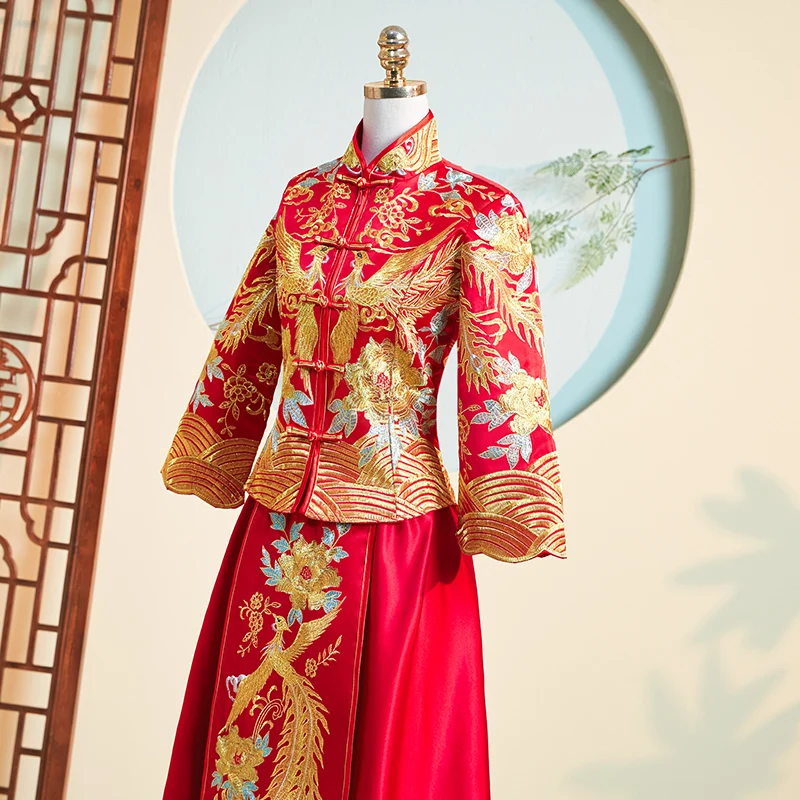 Элегантный Вышивка Cheongsam Китайский Винтажный стиль для женщин Qipao леди Феникс атласное свадебное платье невесты свадебное платье костюм