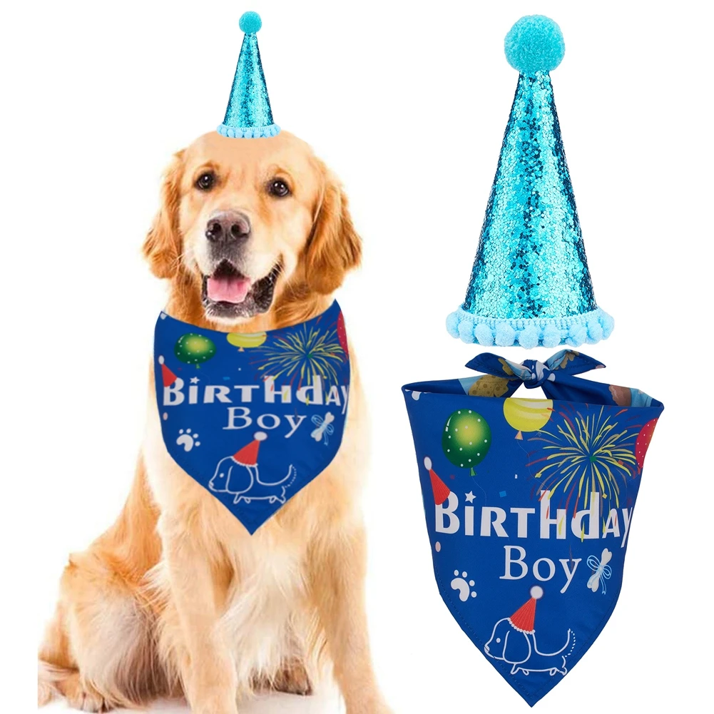 Triangle Scarfs and Cute Party Hat for Pets Blue EXPAWLORER Dog Birthday Bandana with Crown Hat