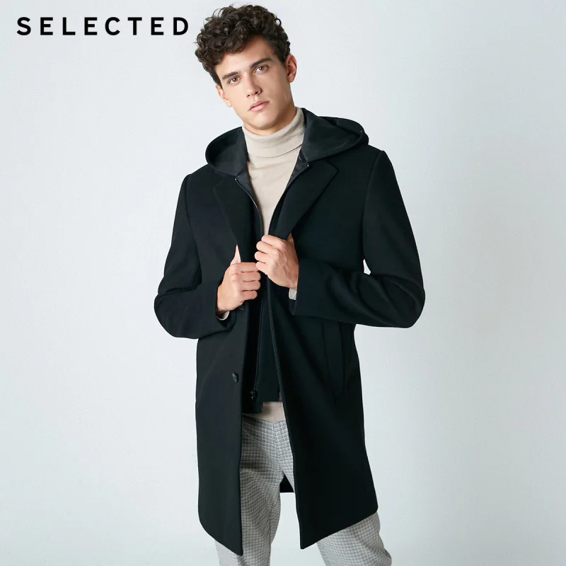 Отборный мужской длинный лацкан шерстяного пальто съемный капюшон средней длины ветровка куртка S | 418427505 - Цвет: black