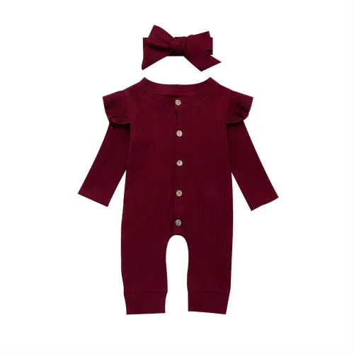 Wine Red Хлопковый комбинезон с длинными рукавами для новорожденных мальчиков и девочек от 0 до 24 месяцев, комбинезон, повязка на голову, комплект из 2 предметов одежда для малышей - Цвет: Wine Red