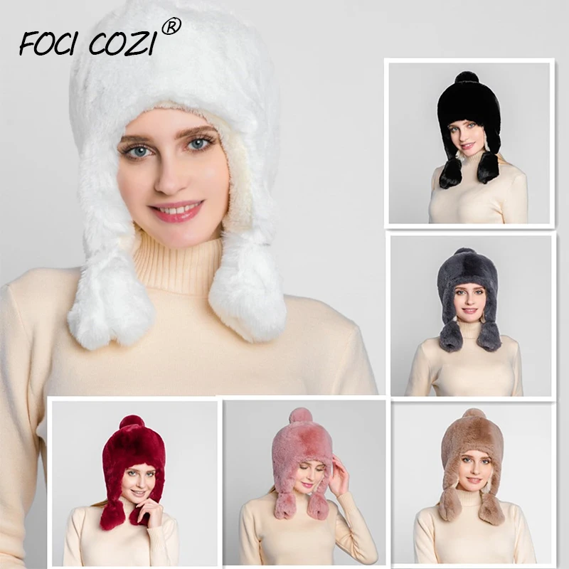 

Trending 2019 Fashion Pink winter Hat With Rabbit Faux Fur Hat Women Cap With Ears Move Girls Earflap Warm Snow Ski Trapper Cap