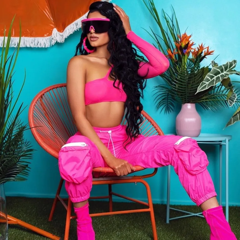 

Long Sleeve Crop Top Cargo Pants Two Piece Set Women One Shoulder Tracksuit Streetwear Outfits Matching Sets