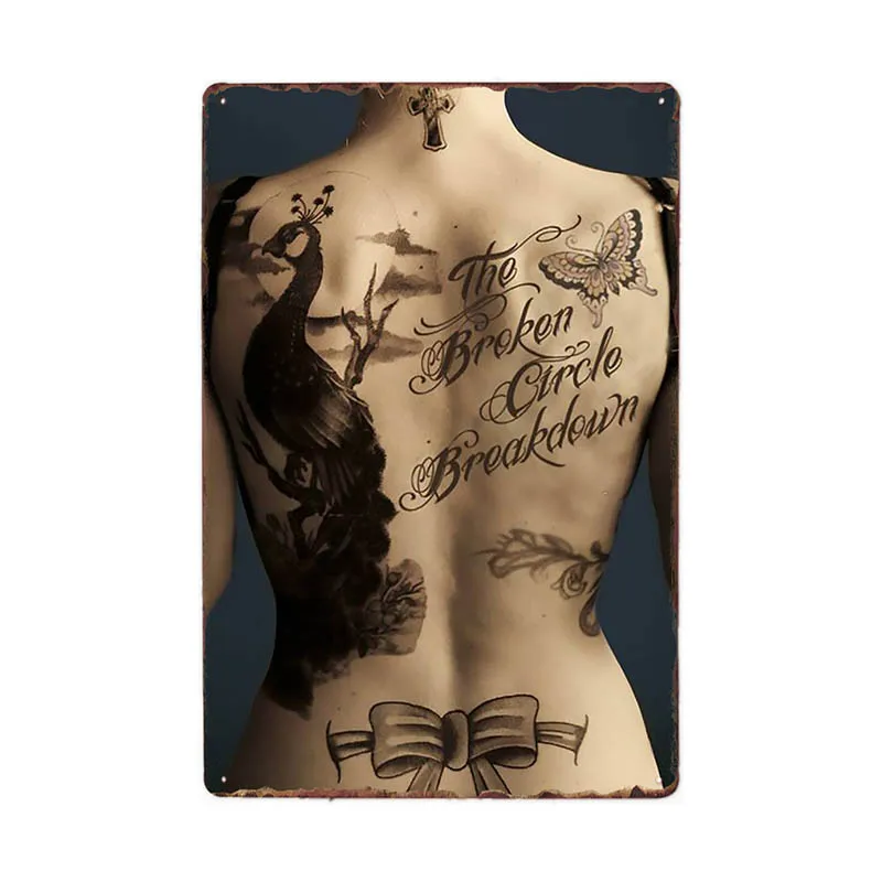 Татуировка девушка металлическая вывеска винтажные плащи тату магазин декоративная булавка плакат для кафе клуб украшение стены домашний декор 20x30 см - Цвет: 981308
