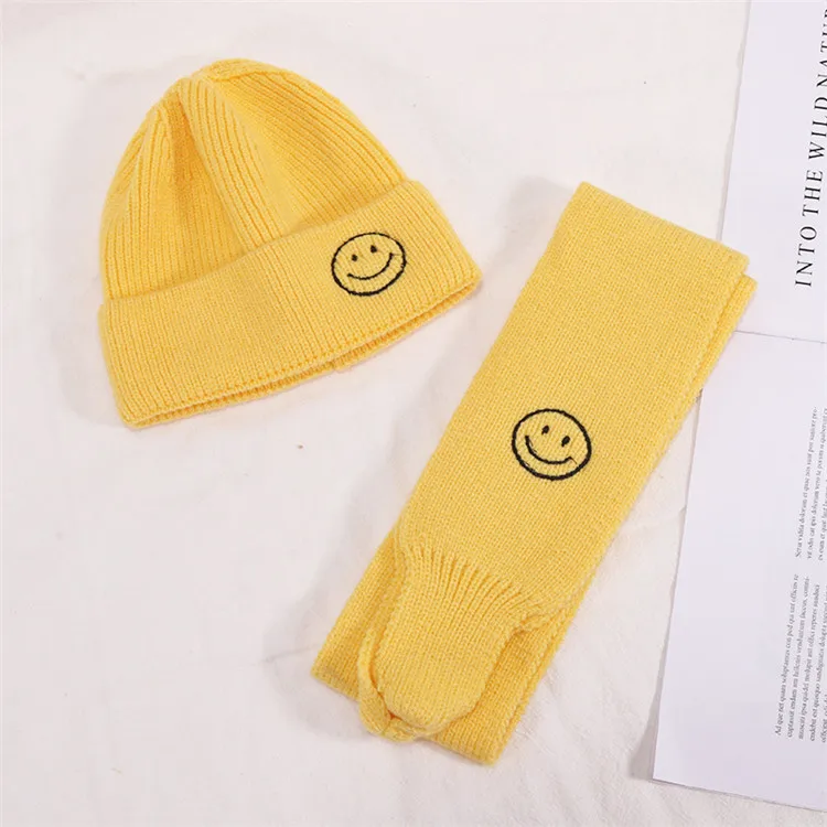 yellow Осенне-зимний хлопковый Детский набор из шапки и шарфа, вязаные детские шапки со смайликом, шапка для маленьких девочек, шарф для маленьких мальчиков, детская шапочка с воротником - Цвет: yellow