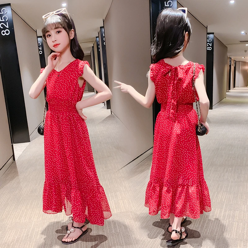 

Girls Summer Dress Dot Print Beach Dress for Girls Sleeveless Chiffon Dress Kids Teenager Girls Clothes 6 8 10 12 14 Years