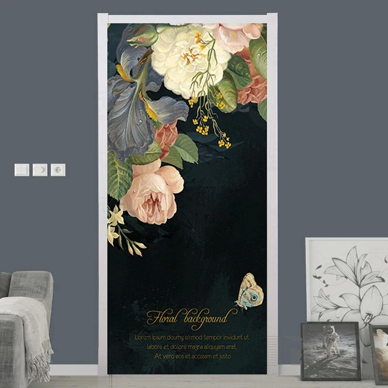 

European Style Oil Painting Rose Flowers Door Sticker 3D Retro Mural Wallpaper Living Room Self-Adhesive Waterproof Door Poster