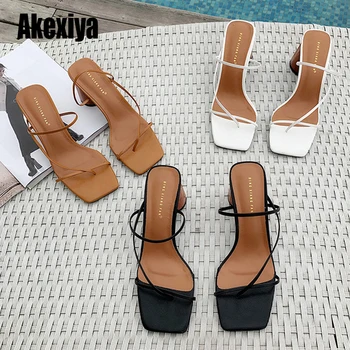

Heel Slipper Women's fashion Sandals Vintage Square Toe Narrow Band High Heel Sandals Women Summer Shoes Women s401