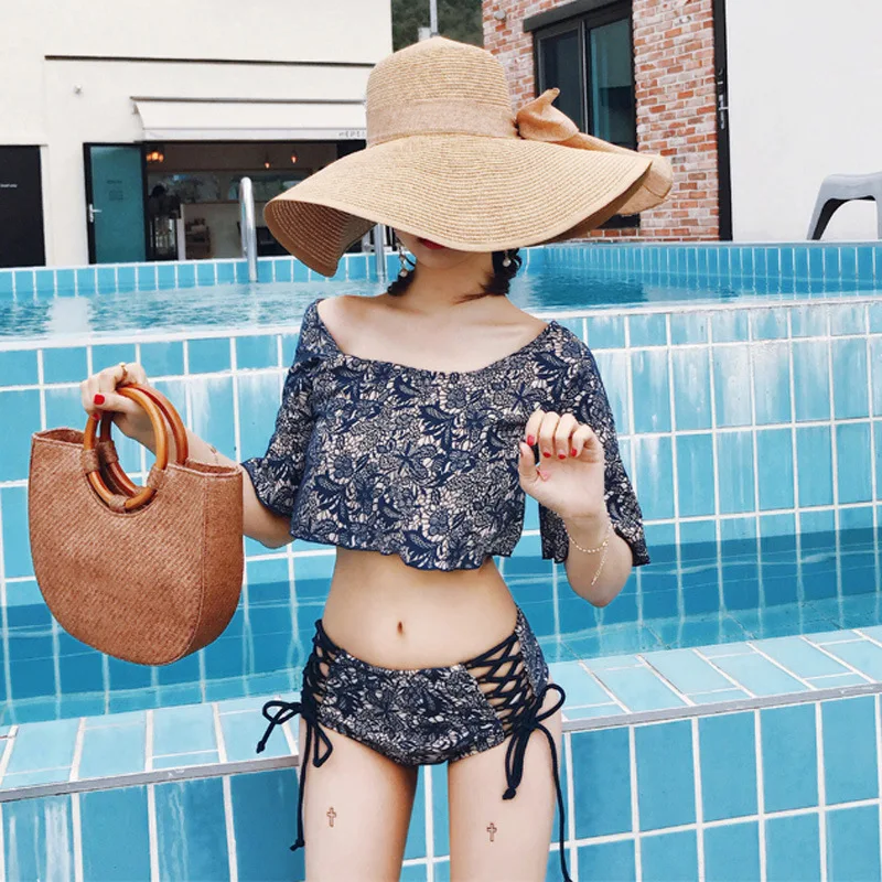 

Bathing Suit Women's Underwire Split Type Two-Piece Bathing Suit Sexy Suction Eye Bikini Retro Short Sleeve Lace-up High-waisted