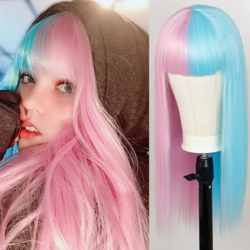 Wig Bangs Lolita Half-Pink Halloween-Wig Synthetic-Wig Heat-Resistant Women Cosplay 