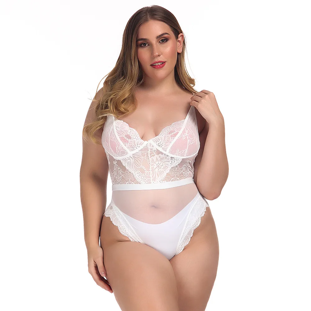 

Summer Women Sexy Jumpsuit Body Flores Bodysuit Sleeveless Lace Mesh See Trough Straps Erotic 4XL Plus Size Plunge WP3702G