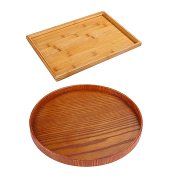 

2 Pcs Wooden Serving Tray Round Natural Tray Food Dishes Wood Plate Fruit Plate Storage Tray, 37X26cm & Diameter 27cm