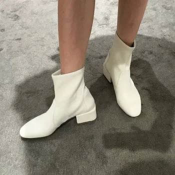 

Square Heel Round Toe Slip On Women Boots White Simple Design Solid Ankle Boots Med Heels Fashion Leather Shoes