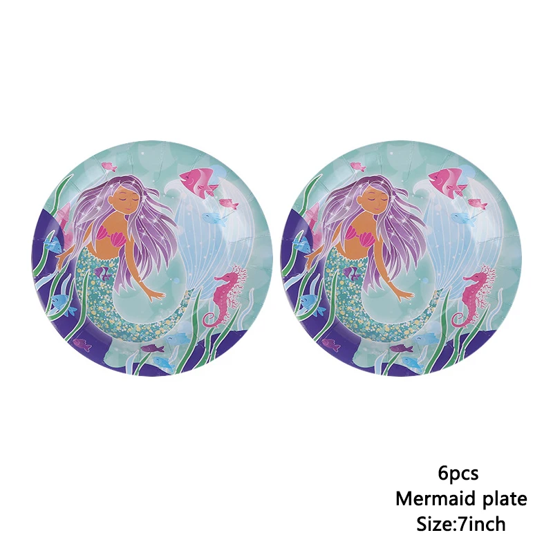 Вечерние принадлежности Русалочки, декоративный баннер с воздушным шаром, сувениры для вечеринки ко дню рождения, детские украшения для вечеринок на день рождения - Цвет: 6pcs-mermaid Plate