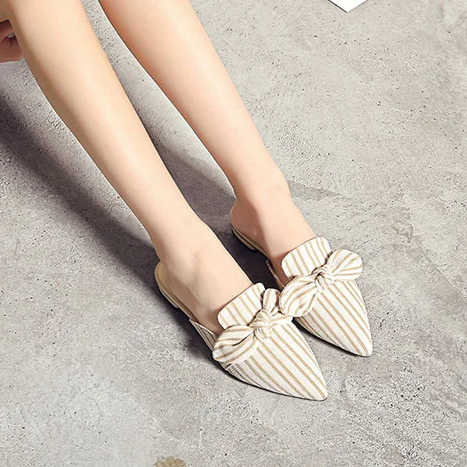 women shoes spring bow cheap bowtie black cute kawaii embellished flat slip on pointed slides sandals slippers mules ladies - Цвет: apricot