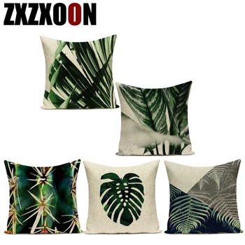 

Black White Green Decorative Tropical Green Leaves Plam Plant Cotton Linen Sofa Home Cushion Cover for Sofa Home Living Room