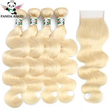 Panda Body Wave 613 Honey Blonde Straight 4 Bundles With Lace Closure Human Hair For Women Remy Hair Weave Bundles With Closure