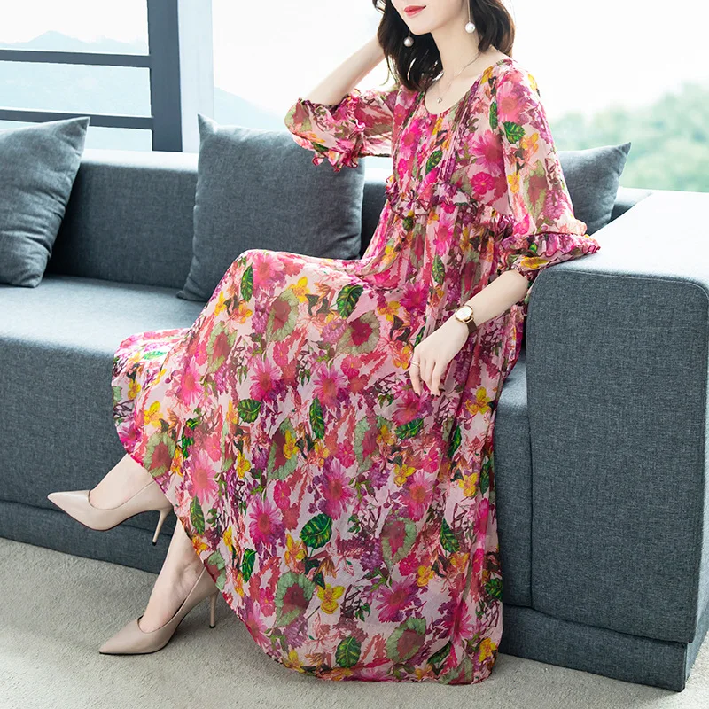 

Silk Printed Dress Women's Loose-Fit A- line Skirt 2019 Summer New Style Two-Piece Set Beach Skirt