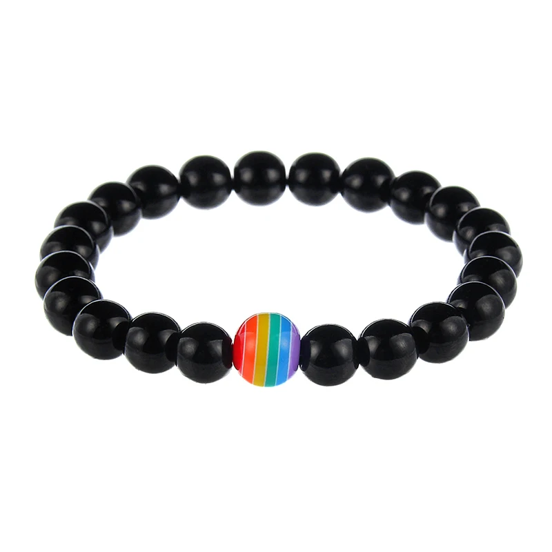 Смесь натуральных камней из бисера LGBT пестрая, радужная цветные браслеты и браслет для женщин мужчин Лава камень пара ювелирных изделий подарки - Окраска металла: Black Onyx
