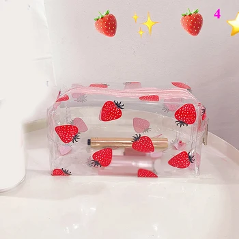 

New Cute Fruit Flower Makeup Bag Waterproof Transparent PVC Zipper Cosmetic Bag Travel Toiletry Makeup Pouch Clear Bag Organizer